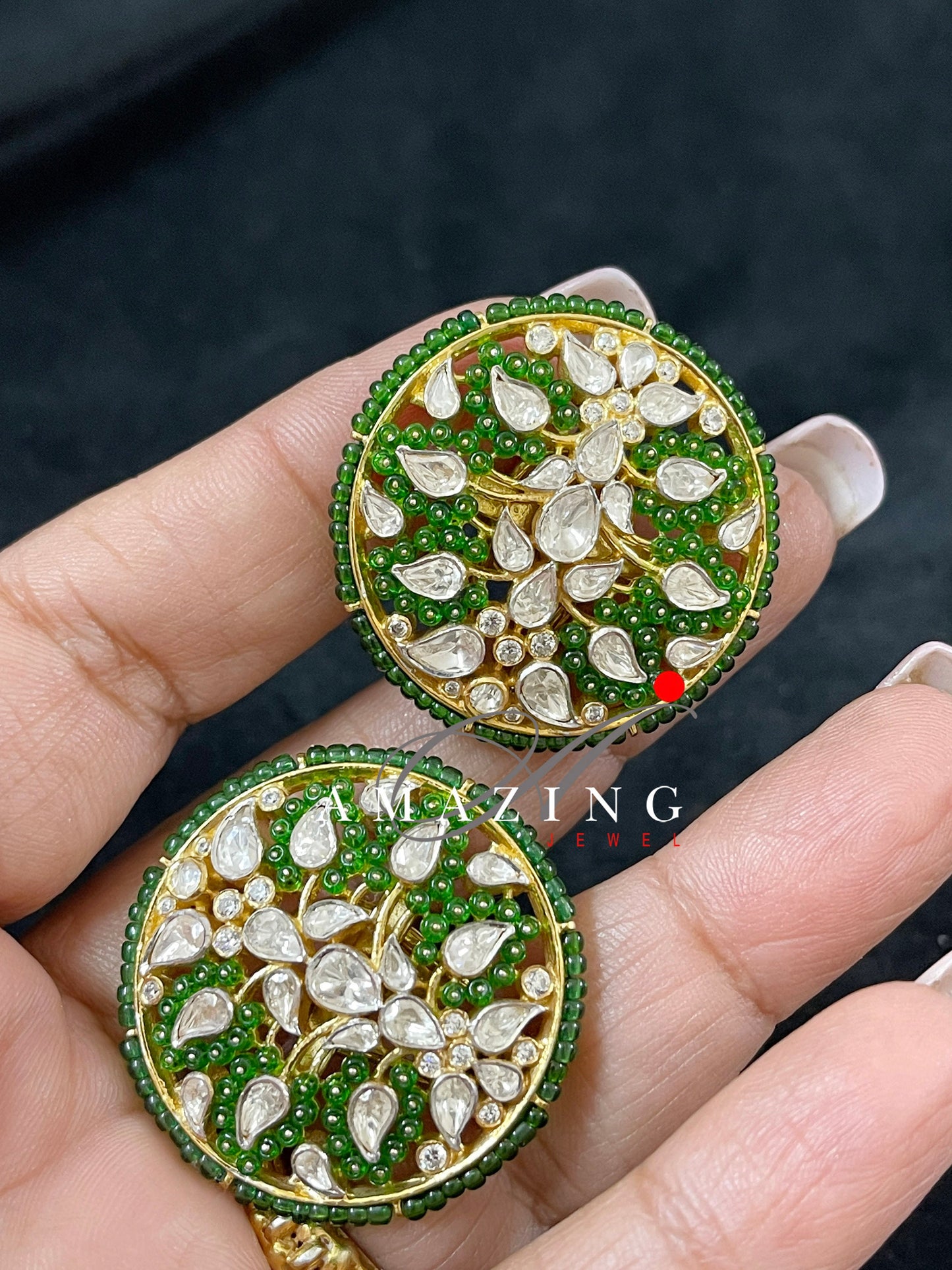 Silver Moissanite Polki with Green Beads Earring Indian Wedding Jewelery Moissanite Polki Stud Bridal Jewelery PartyWear Stud Silver Earring