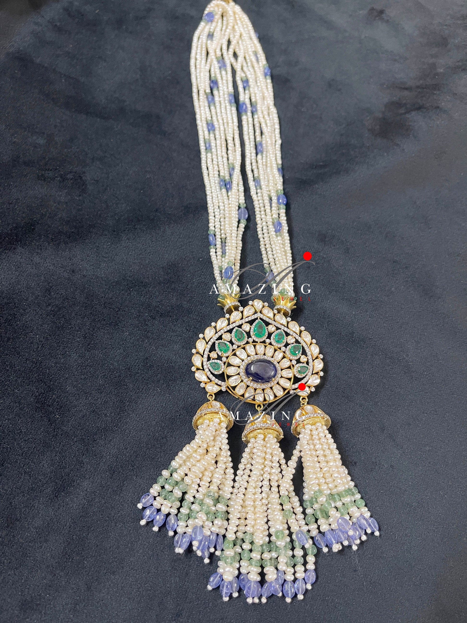 Silver Moissanite Polki Emerald & Sapphire Hyrdo Stone Pendant ,Indian Wedding Jewelery, Moissanite Polki Set, Tassel Pendant, Silver Set