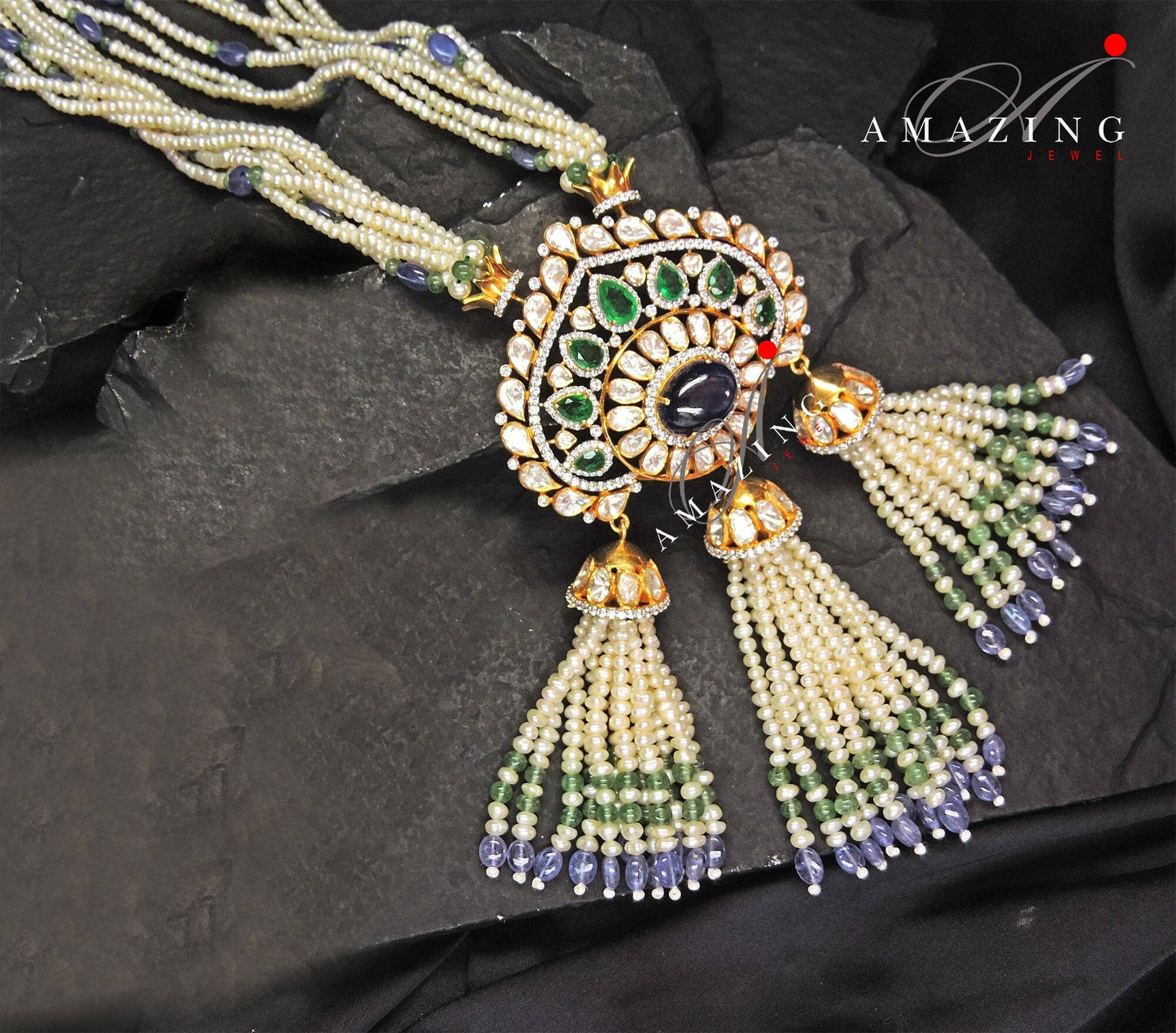 Silver Moissanite Polki Emerald & Sapphire Hyrdo Stone Pendant ,Indian Wedding Jewelery, Moissanite Polki Set, Tassel Pendant, Silver Set