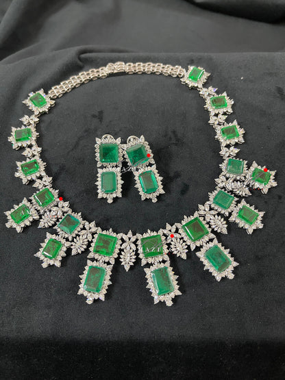 Silver Swarovski &Hydro Emerald Set Indian Wedding Jewelery Set Indian Traditional Jewelery Bridal Jewelery 925 Sterling Silver Necklace Set