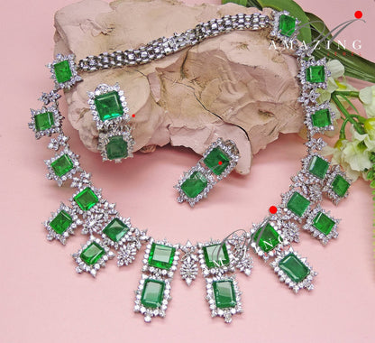 Silver Swarovski &Hydro Emerald Set Indian Wedding Jewelery Set Indian Traditional Jewelery Bridal Jewelery 925 Sterling Silver Necklace Set