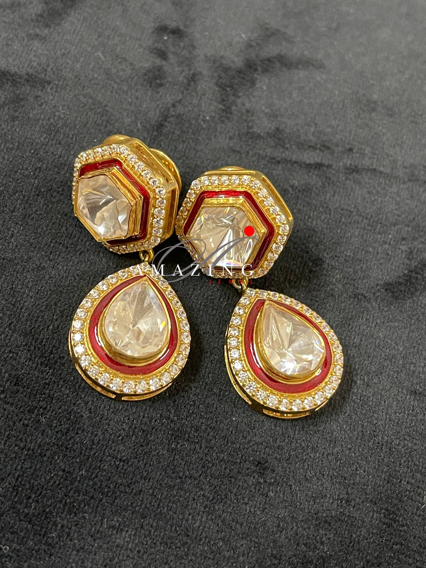 Silver Moissanite Single Polki Earrings Moissanite with Red Enamel Kundan Earring  Indian Wedding Jewelry  Indian Moissanite Polki Earring