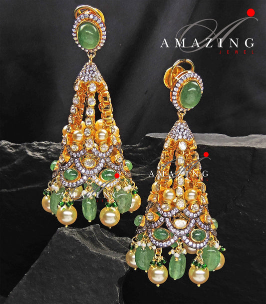 Silver Moissanite Polki Hydro Emerald Tumble Jhumka  Polki Kundan Earring Indian Wedding Jewelery Silver Moissanite Polki Jhumki  Big Jhumka