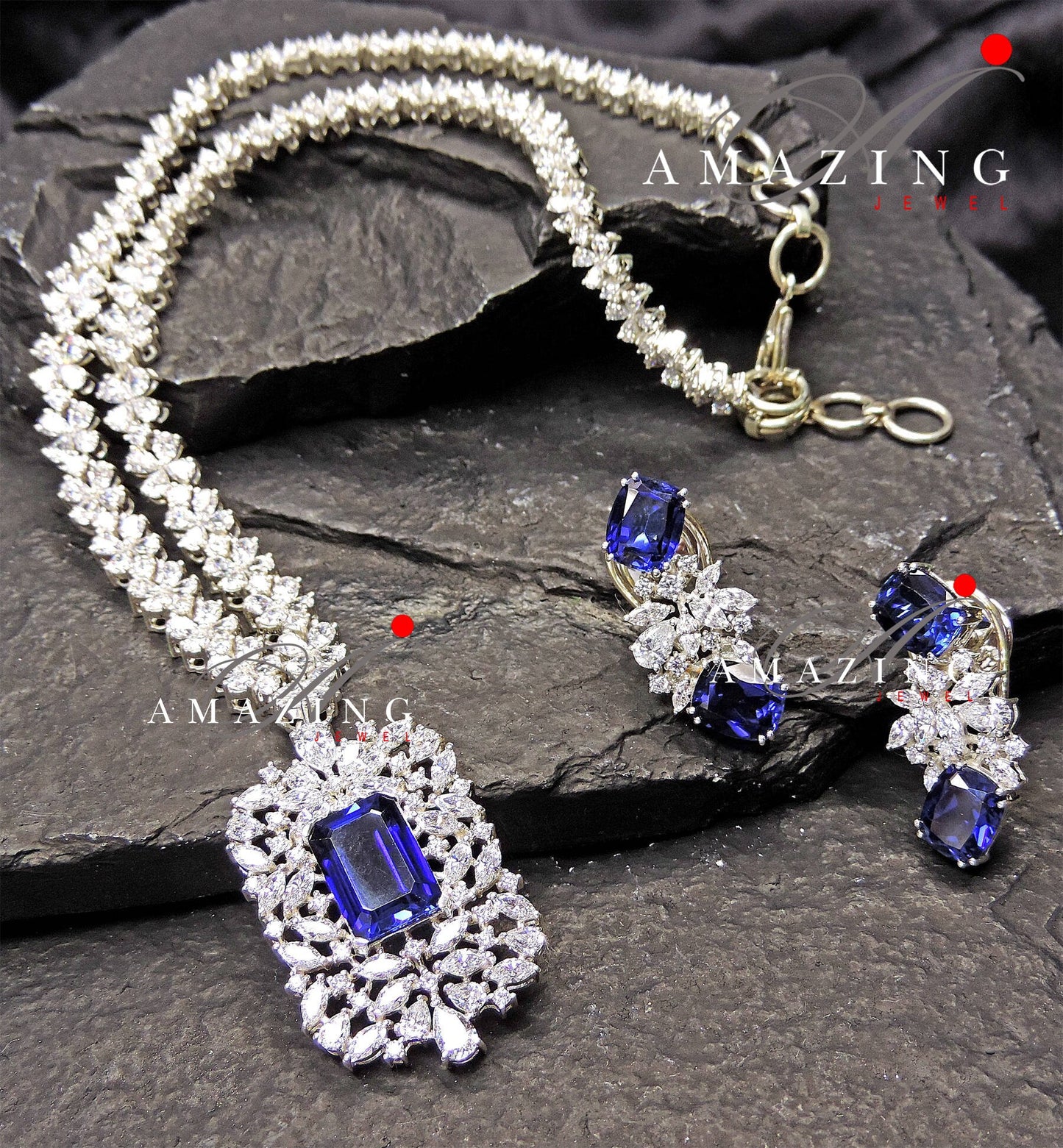 Silver Swarovski & Blue Sapphire Set Indian Wedding Jewelry Set Indian Traditional Jewelry Bridal Jewelry 925 Sterling Silver Necklace Set