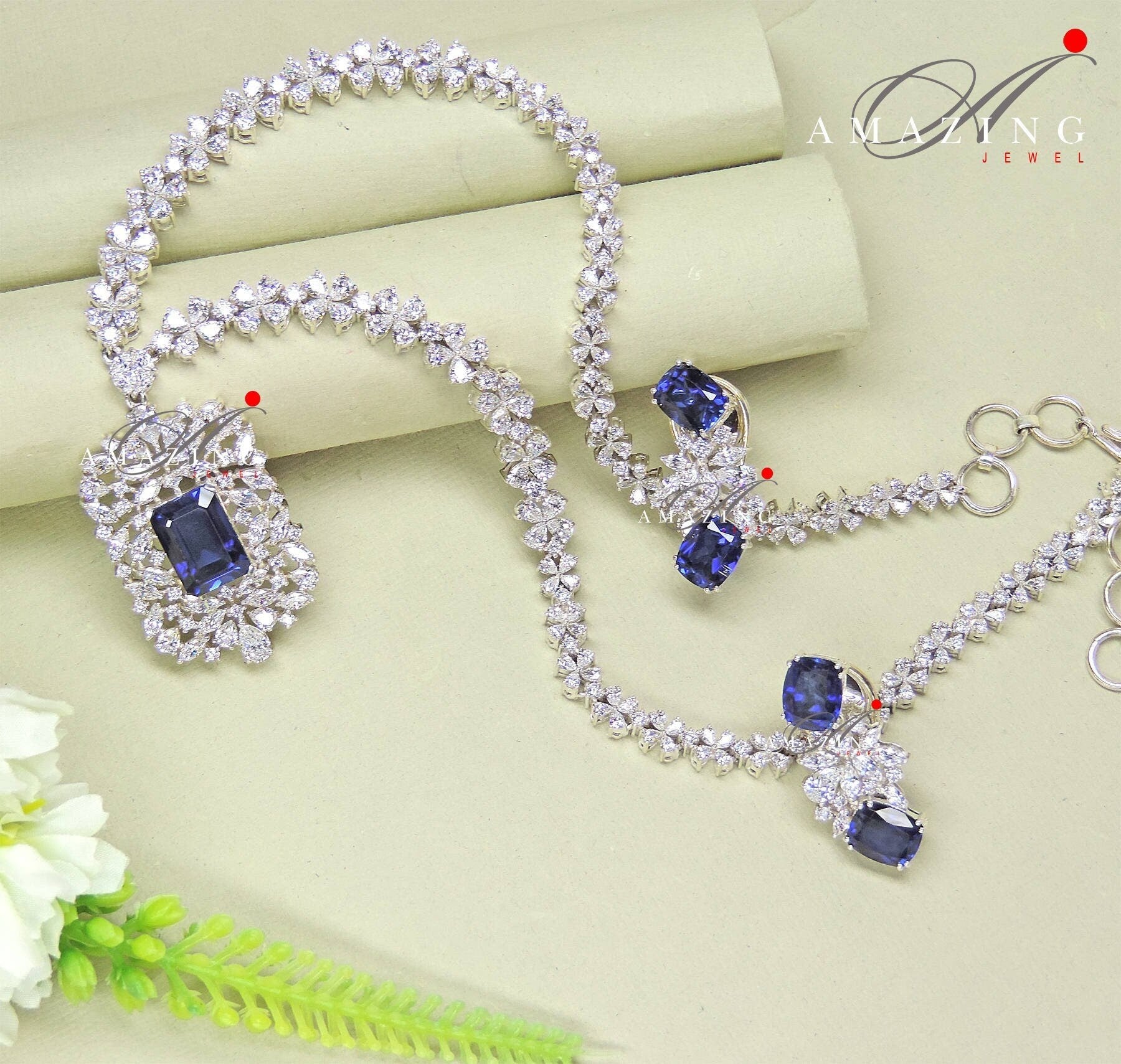 Silver Swarovski & Blue Sapphire Set Indian Wedding Jewelry Set Indian Traditional Jewelry Bridal Jewelry 925 Sterling Silver Necklace Set