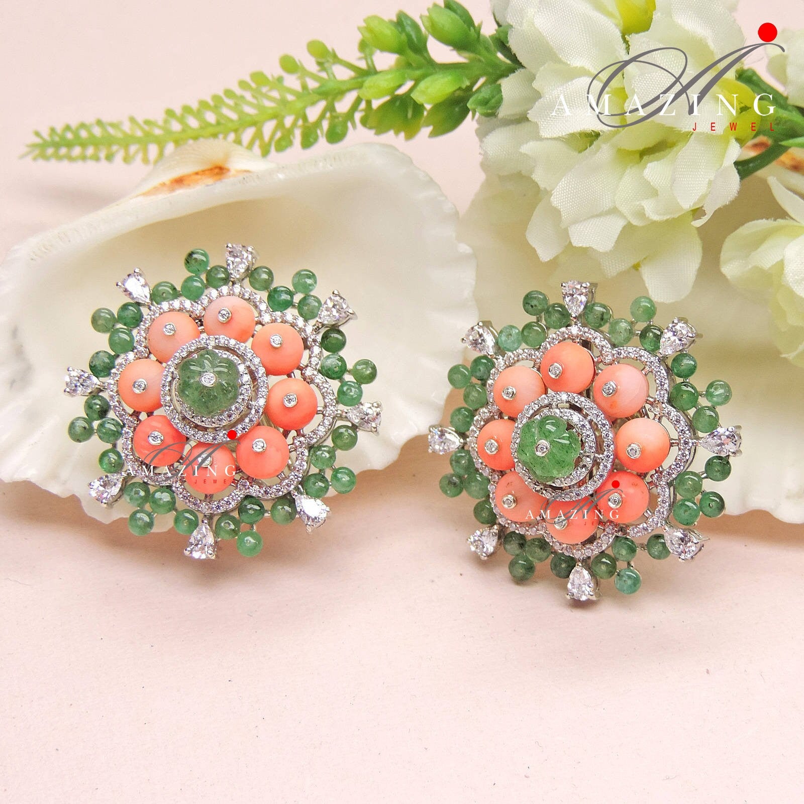 Silver Swarovski Cubic Zirconia Earring Coral Emerald Studs Bridal Jewelery Wedding Jewelery 925 Silver Earring Statement Jewelery Earrings