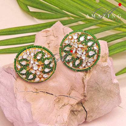 Silver Moissanite Polki with Green Beads Earring Indian Wedding Jewelery Moissanite Polki Stud Bridal Jewelery PartyWear Stud Silver Earring