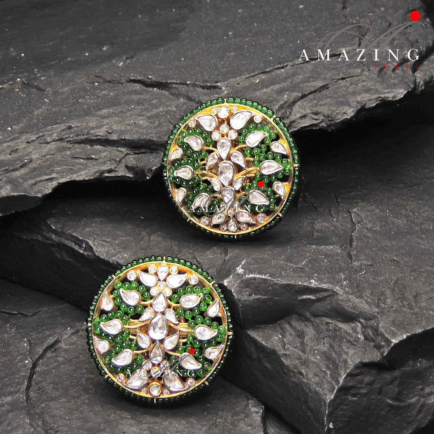 Silver Moissanite Polki with Green Beads Earring Indian Wedding Jewelery Moissanite Polki Stud Bridal Jewelery PartyWear Stud Silver Earring