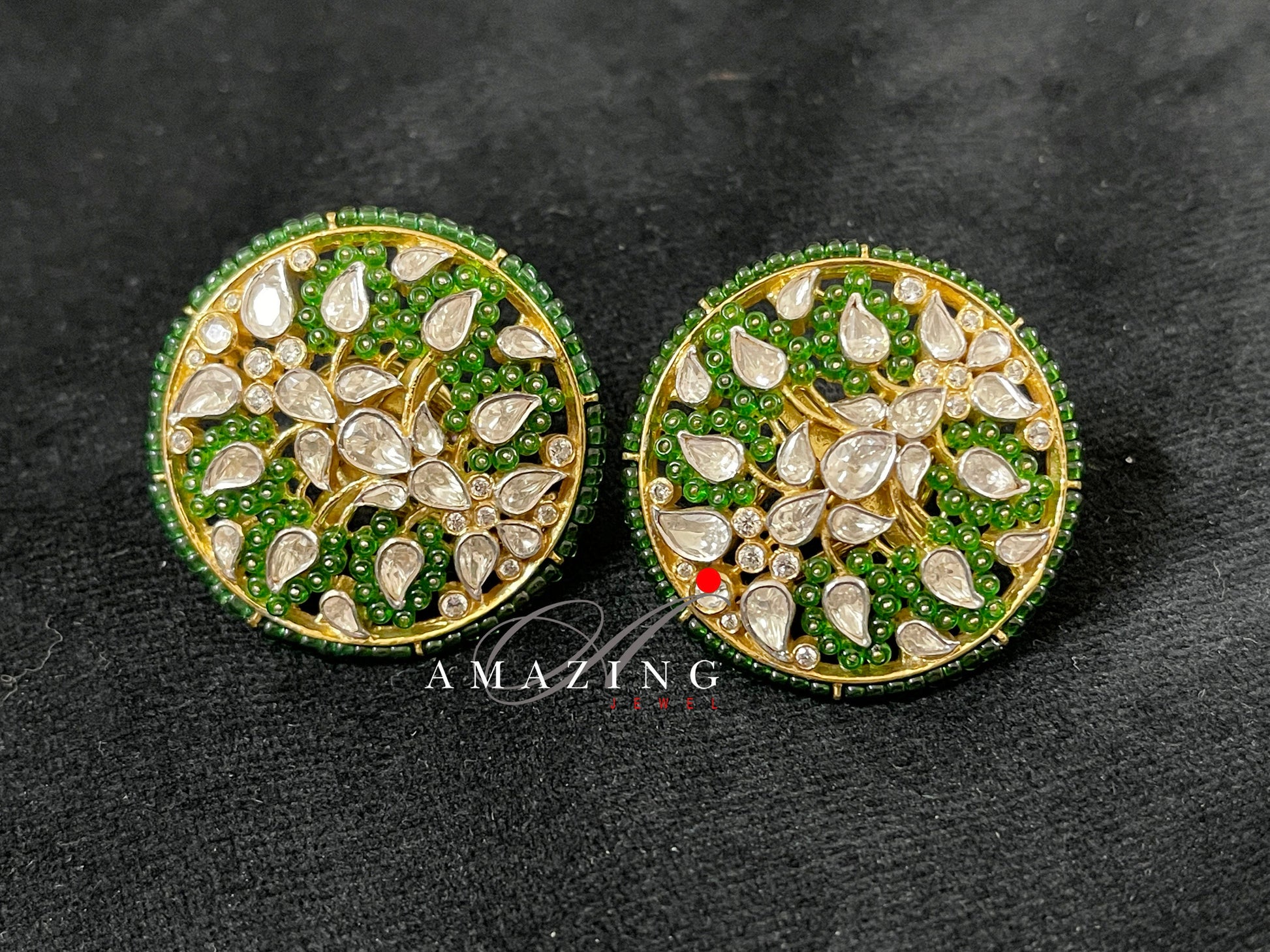 Silver Moissanite Polki with Green Beads Earring Indian Wedding Jewelery Moissanite Polki Stud Bridal Jewelery PartyWear Stud Silver Earring