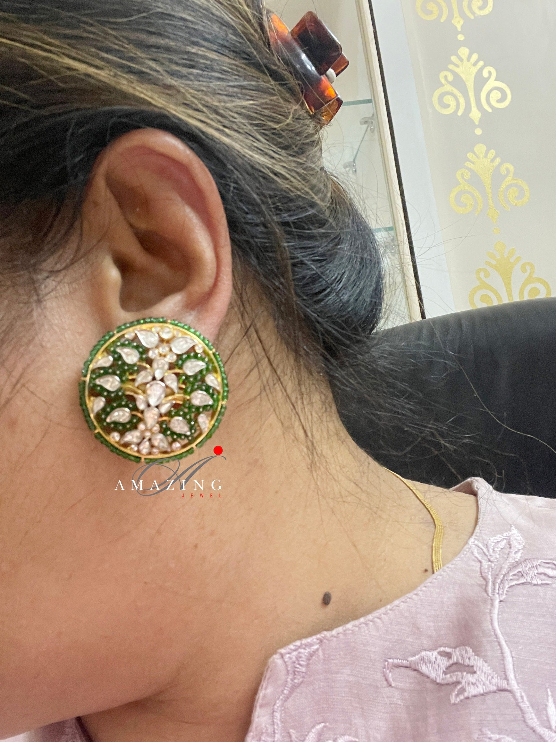 Silver Moissanite Polki with Green Beads Earring Indian Wedding Jewelery Moissanite Polki Stud Bridal Jewelery PartyWear Stud Silver Earring