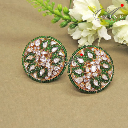 Silver Moissanite Polki with Green Beads Earring Indian Wedding Jewelery Moissanite Polki Stud Bridal Jewelery PartyWear Stud Silver Earring