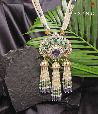 Silver Moissanite Polki Emerald & Sapphire Hyrdo Stone Pendant ,Indian Wedding Jewelery, Moissanite Polki Set, Tassel Pendant, Silver Set