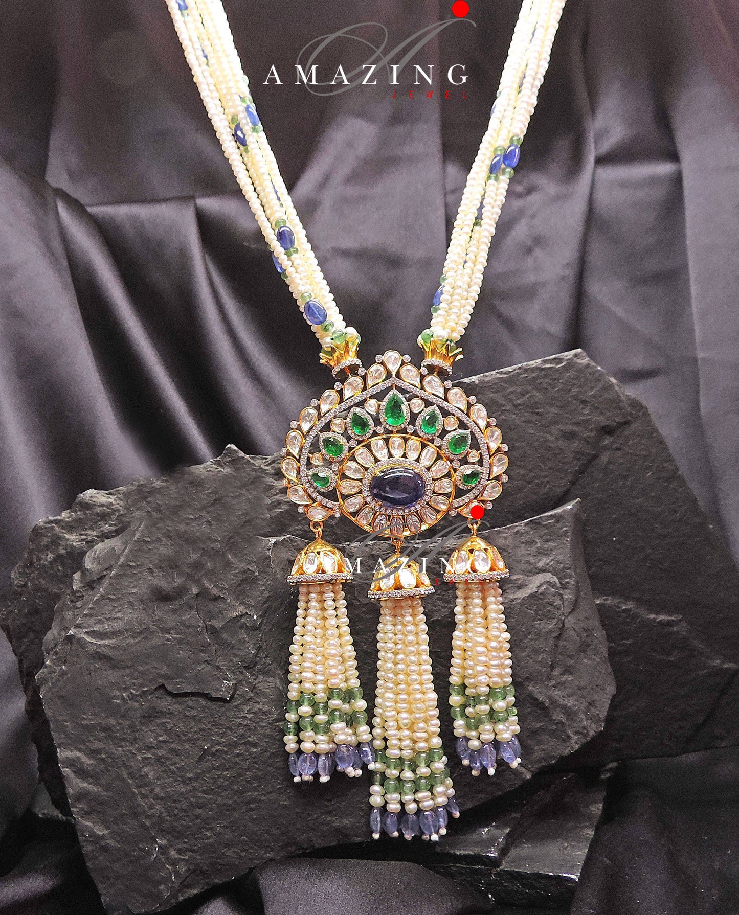 Silver Moissanite Polki Emerald & Sapphire Hyrdo Stone Pendant ,Indian Wedding Jewelery, Moissanite Polki Set, Tassel Pendant, Silver Set