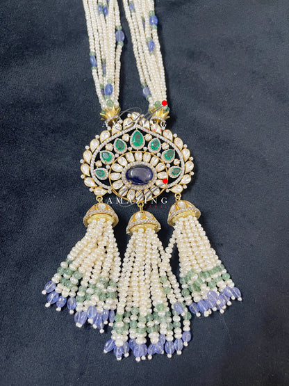 Silver Moissanite Polki Emerald & Sapphire Hyrdo Stone Pendant ,Indian Wedding Jewelery, Moissanite Polki Set, Tassel Pendant, Silver Set