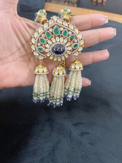 Silver Moissanite Polki Emerald & Sapphire Hyrdo Stone Pendant ,Indian Wedding Jewelery, Moissanite Polki Set, Tassel Pendant, Silver Set