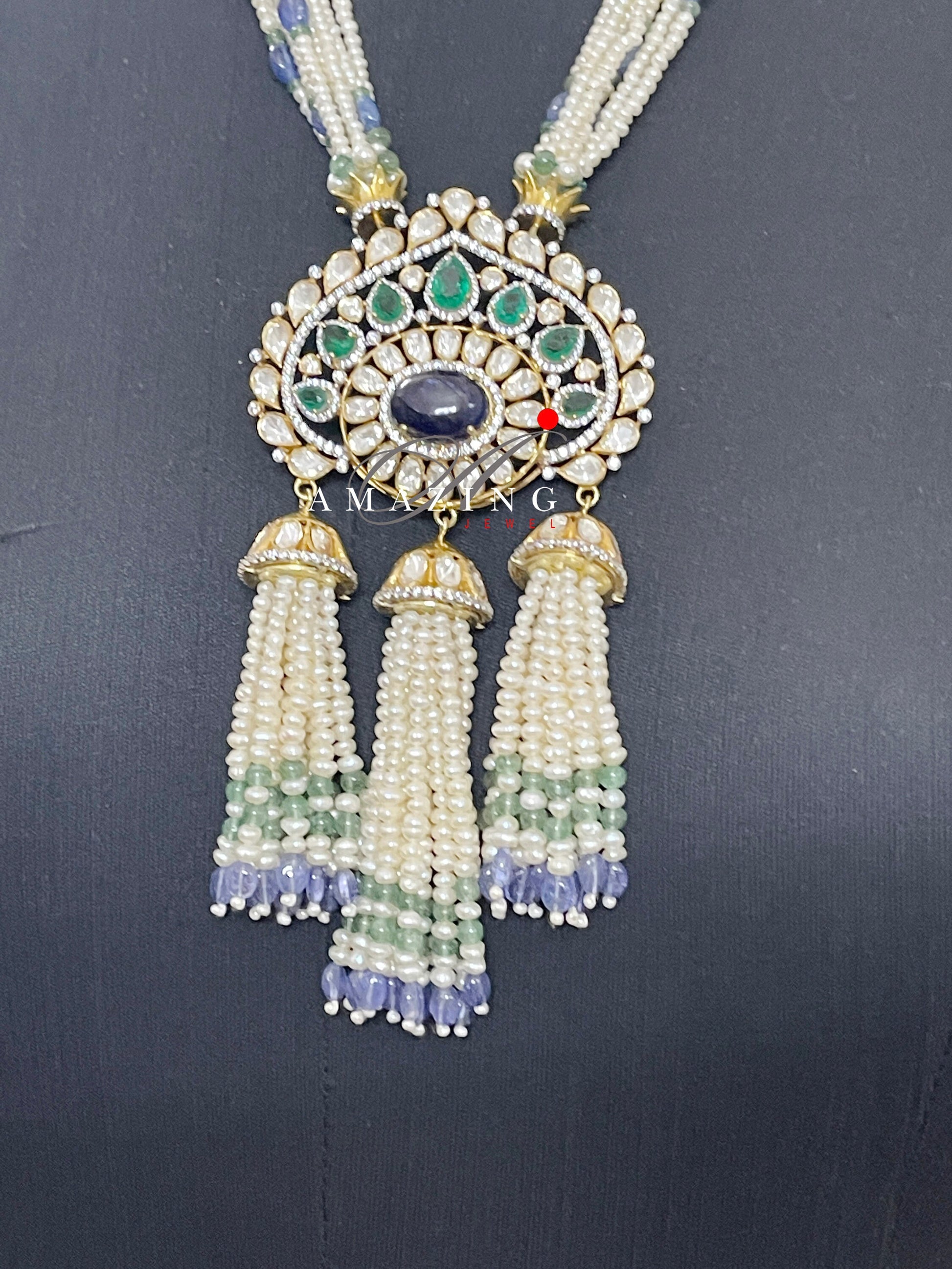 Silver Moissanite Polki Emerald & Sapphire Hyrdo Stone Pendant ,Indian Wedding Jewelery, Moissanite Polki Set, Tassel Pendant, Silver Set