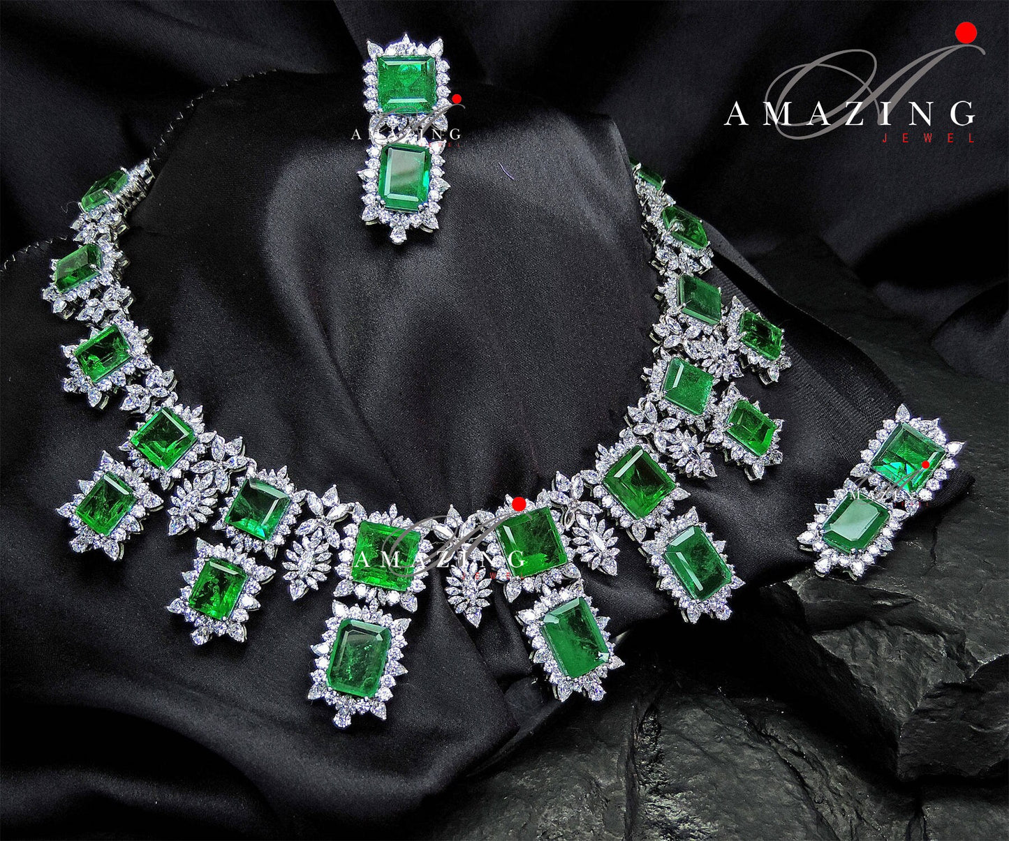 Silver Swarovski &Hydro Emerald Set Indian Wedding Jewelery Set Indian Traditional Jewelery Bridal Jewelery 925 Sterling Silver Necklace Set