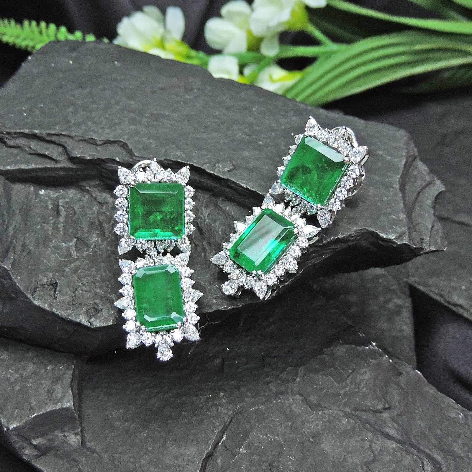 Silver Swarovski &Hydro Emerald Set Indian Wedding Jewelery Set Indian Traditional Jewelery Bridal Jewelery 925 Sterling Silver Necklace Set