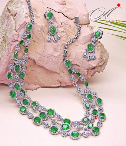 Silver Swarovski &Hydro Emerald Set Indian Wedding Jewelery Traditional Jewelery Bridal Jewelery 925 Silver Necklace Set Party Wear Jewelery