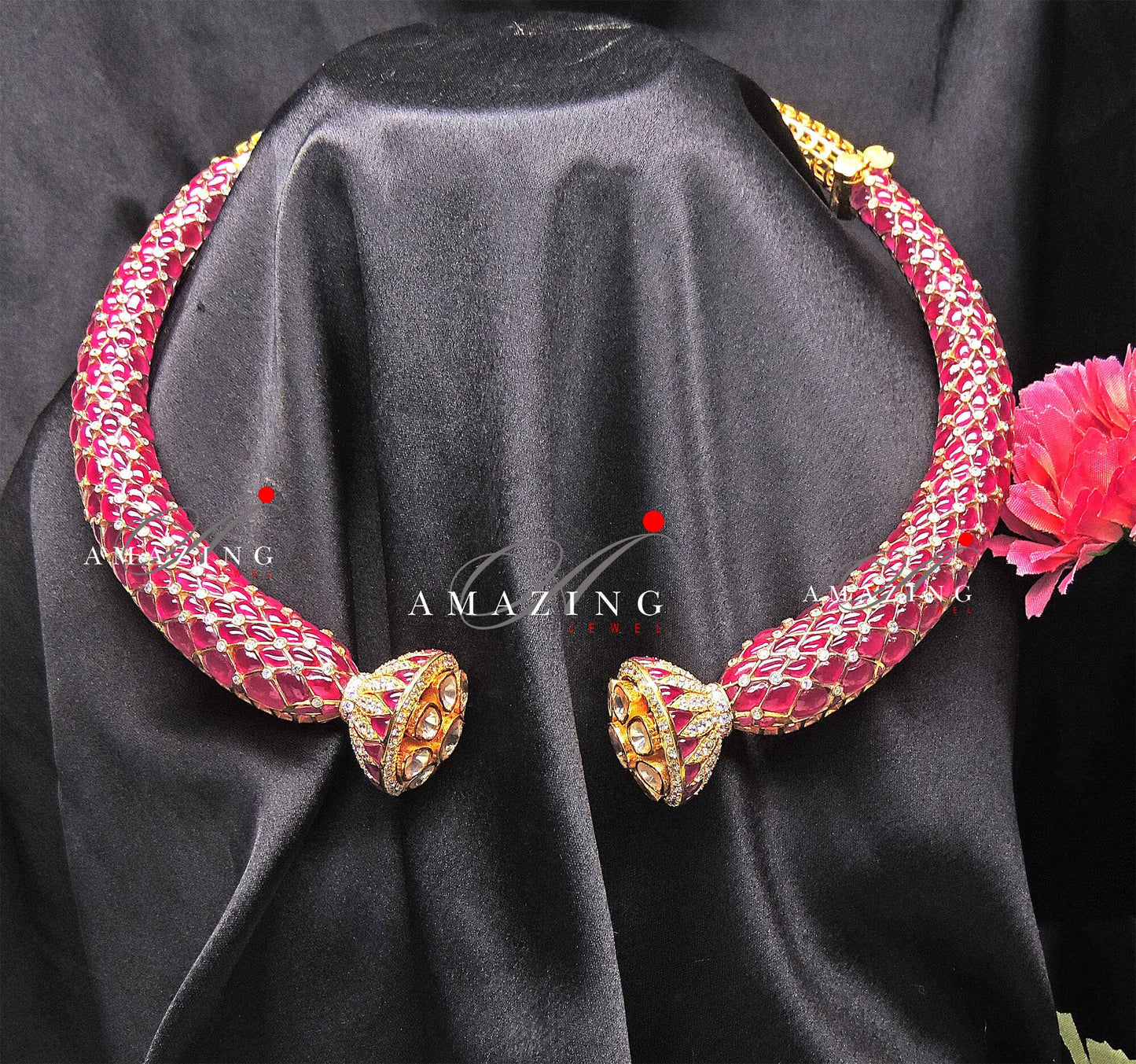 Silver Moissanite Polki Ruby Hasli set,Red Chip Stones Jewelery Indian Traditional Wedding Jewelery Set Bridal Necklace Hasli Necklace