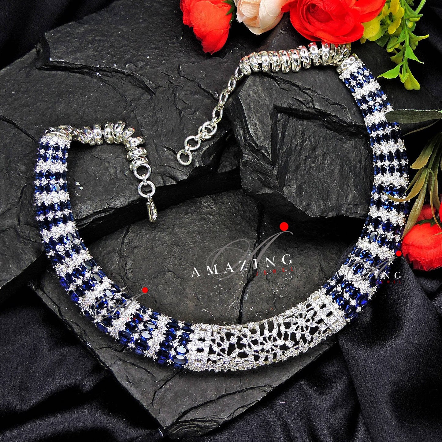 Silver Swarovski Red & Blue Sapphire Necklace Indian Wedding Jewelry Indian Traditional Jewelry Bridal Jewelry 925 Silver Necklace Set