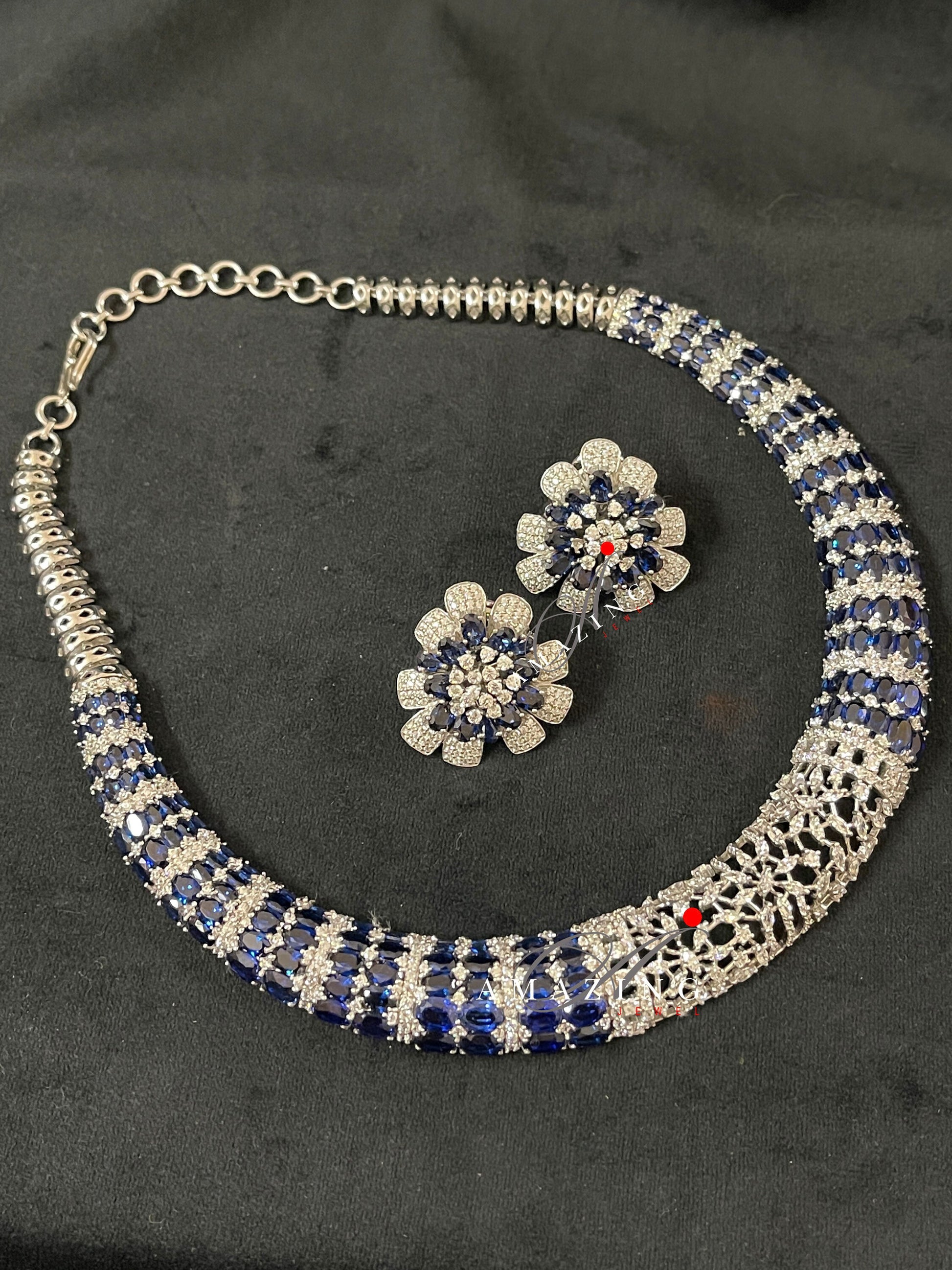 Silver Swarovski Red & Blue Sapphire Necklace Indian Wedding Jewelry Indian Traditional Jewelry Bridal Jewelry 925 Silver Necklace Set