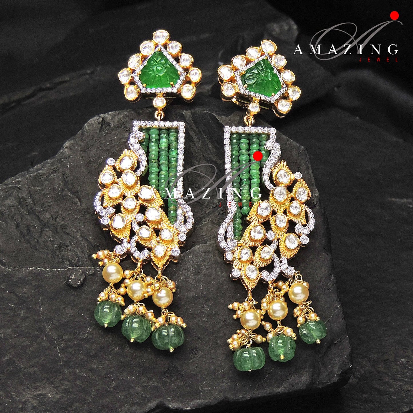 Silver Moissanite Polki Pearls Pendant Polki Jewelry Wedding Jewelry Emerald Polki Set Indian Traditional Jewelry 925 Silver Pendant Set