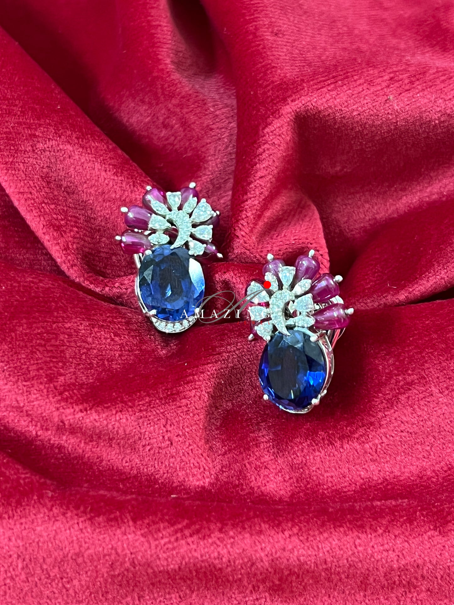 Silver Studded Cubic Zirconia Sapphire Earring ,Swarovski Studs ,Casual Jewelry ,Contemporary Jewelry ,925 Silver Earring,Fine Jewelry