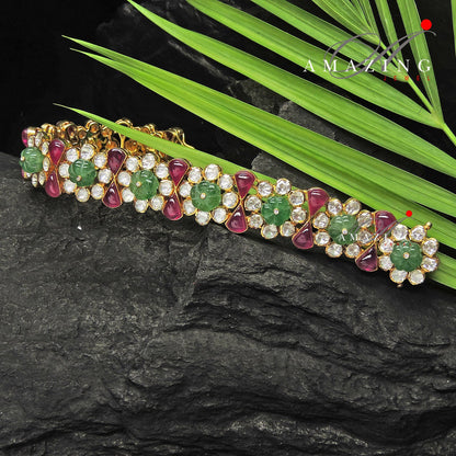 Silver Moissanite Polki Bracelet,Hydro Ruby & Emerald,Indian Traditional Bracelet ,Moissanite Polki Bracelet , Indian Wedding Jewelery