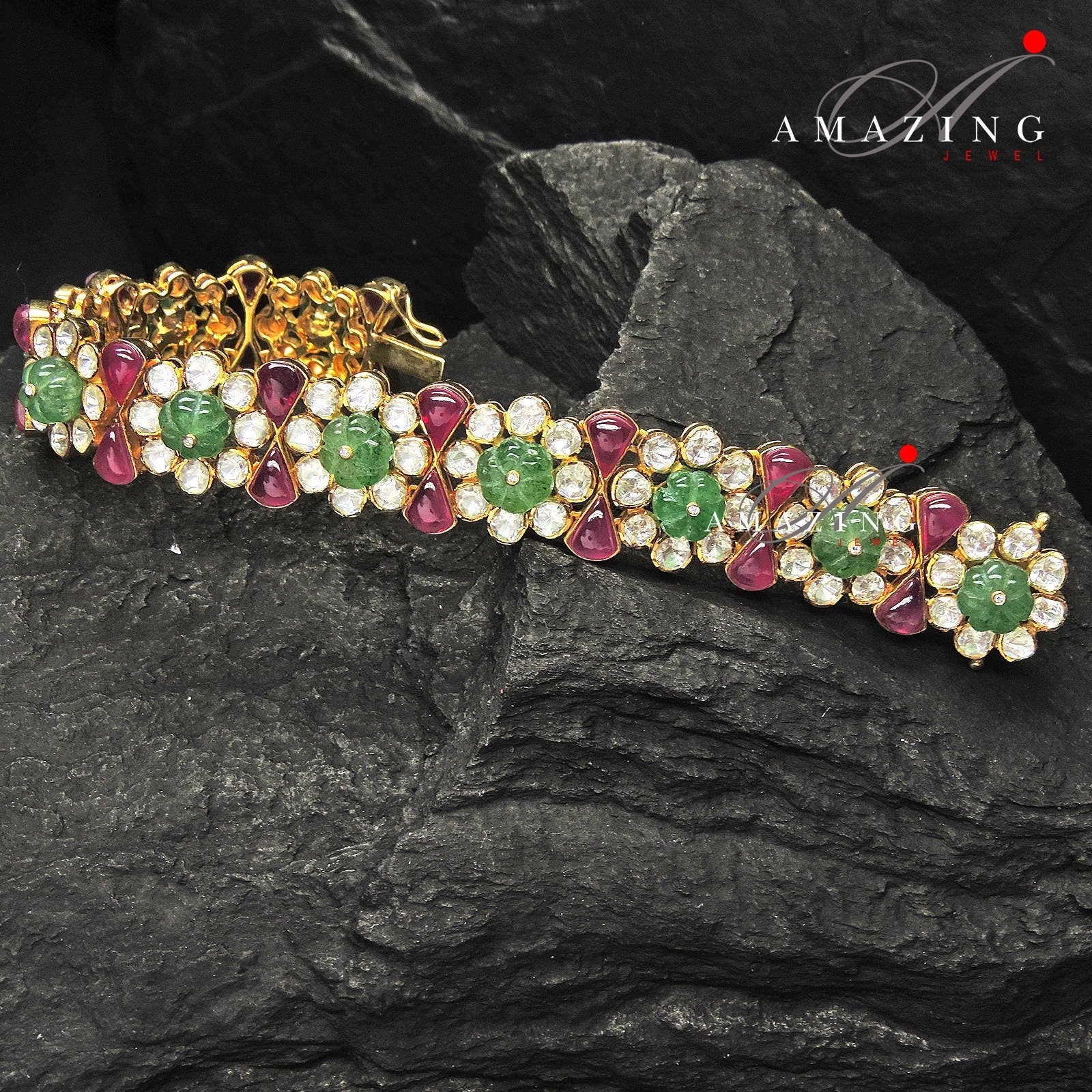 Silver Moissanite Polki Bracelet,Hydro Ruby & Emerald,Indian Traditional Bracelet ,Moissanite Polki Bracelet , Indian Wedding Jewelery