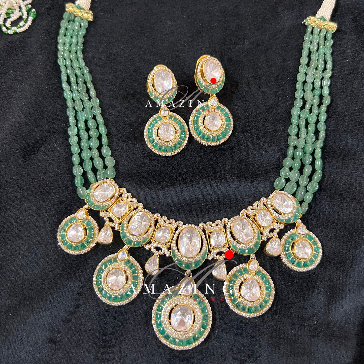 Silver Mossanite Polki Hydro Emerald Tumble & Chip Set,Indian Wedding Jewelry Set,Traditional Jewelry,Bridal Jewelry,Necklace set,Travel set