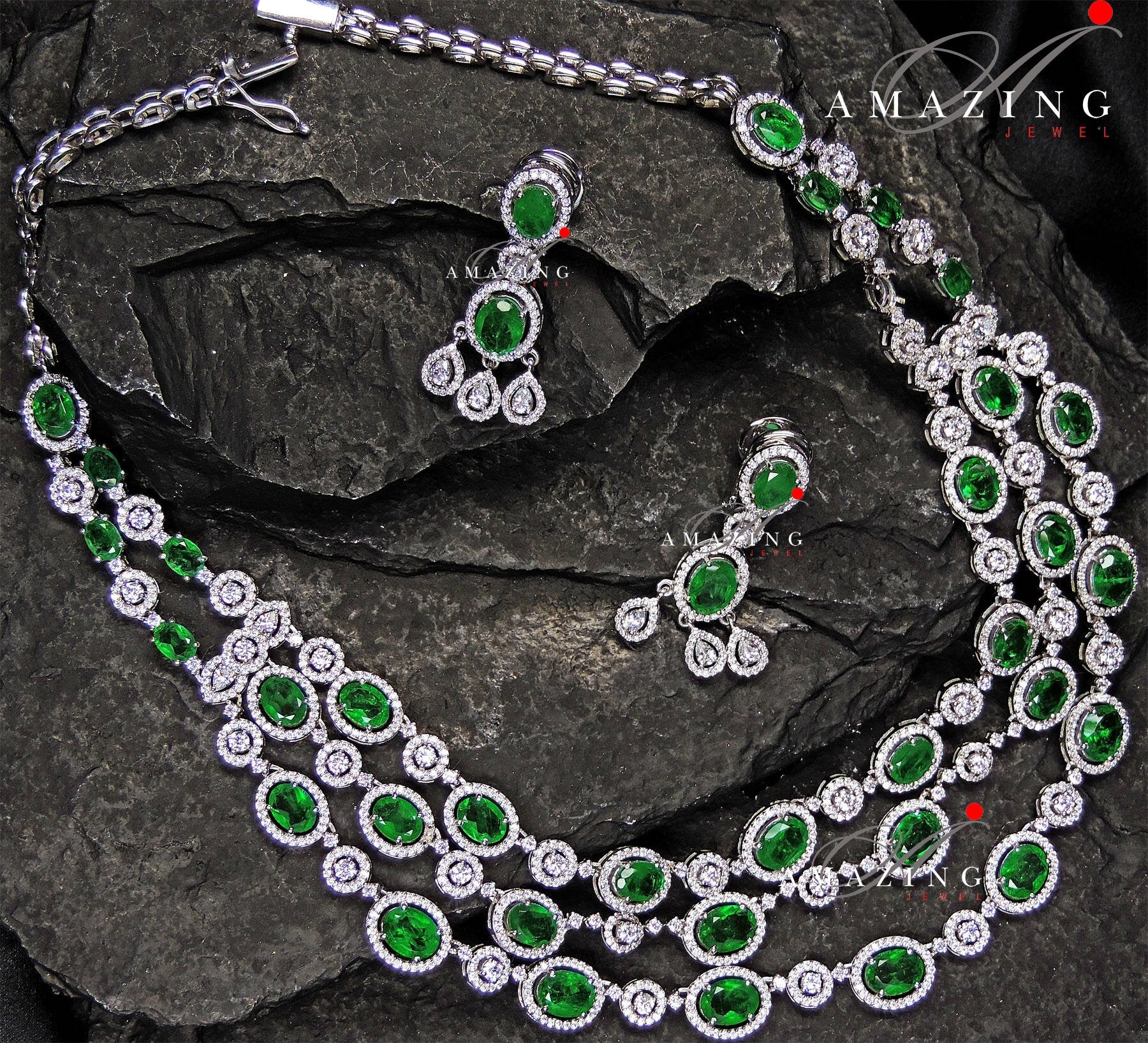 Silver Swarovski &Hydro Emerald Set Indian Wedding Jewelery Traditional Jewelery Bridal Jewelery 925 Silver Necklace Set Party Wear Jewelery