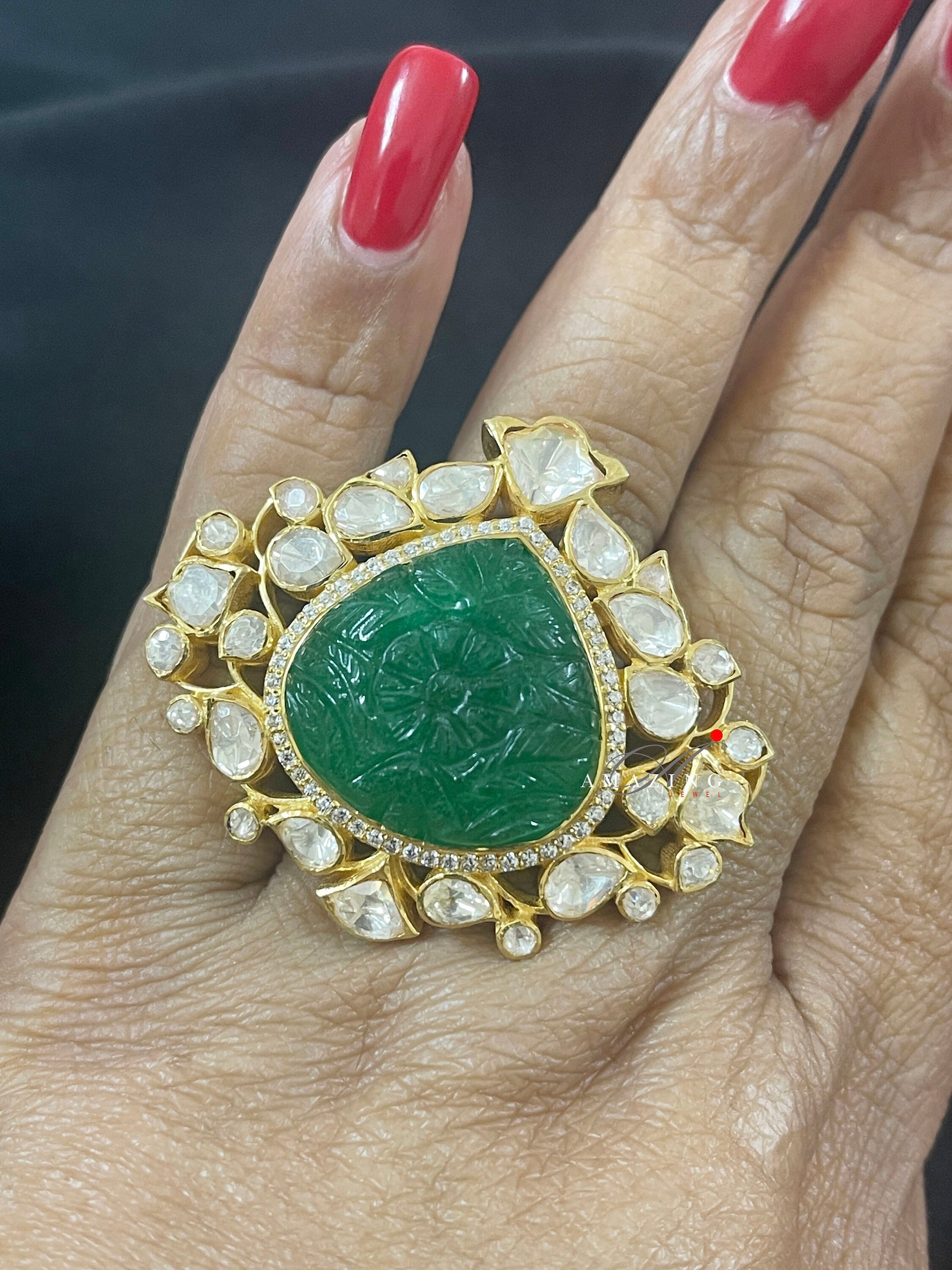 Silver Moissanite Green Hydro Emerald Polki Ring Indian Traditional Ring Polki Ring Bridal Ring Indian Wedding Ring Cocktail Ring Party wear