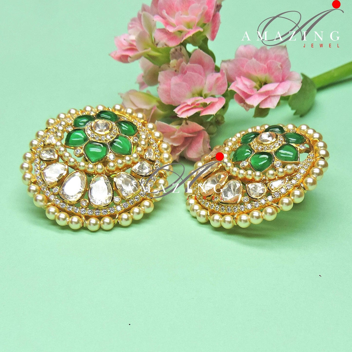 Silver Moissanite Polki Hydro Emerald Chip Earrings Moissanite Polki Kundan Earring Indian Wedding Jewelry Silver Moissanite Polki Earring