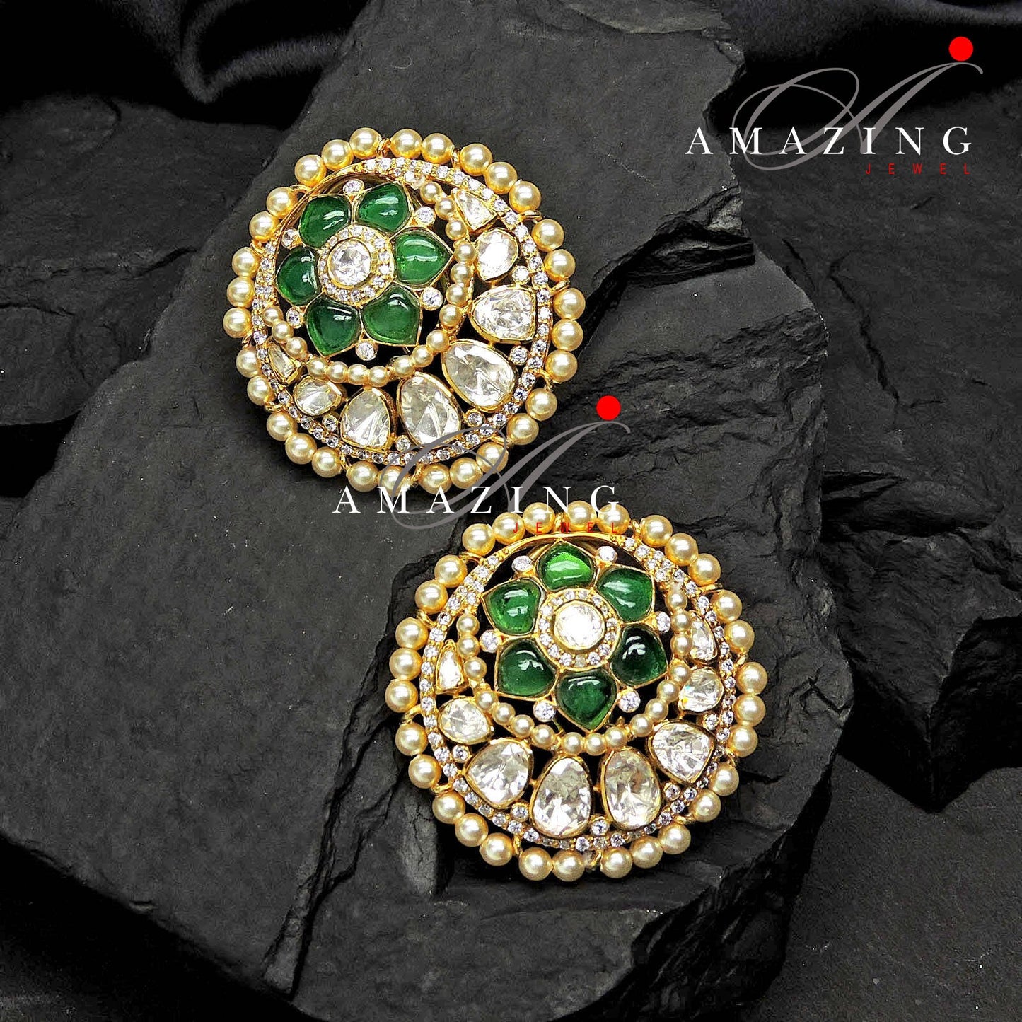 Silver Moissanite Polki Hydro Emerald Chip Earrings Moissanite Polki Kundan Earring Indian Wedding Jewelry Silver Moissanite Polki Earring