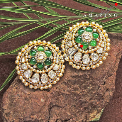 Silver Moissanite Polki Hydro Emerald Chip Earrings Moissanite Polki Kundan Earring Indian Wedding Jewelry Silver Moissanite Polki Earring