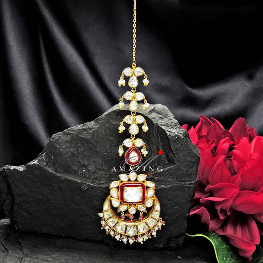 Silver Moissanite Polki & Red Enamel Mangtika ,Moissanite Polki Mangtika, Traditional Mangtika, Bridal Jewelery, Silver Mangtika