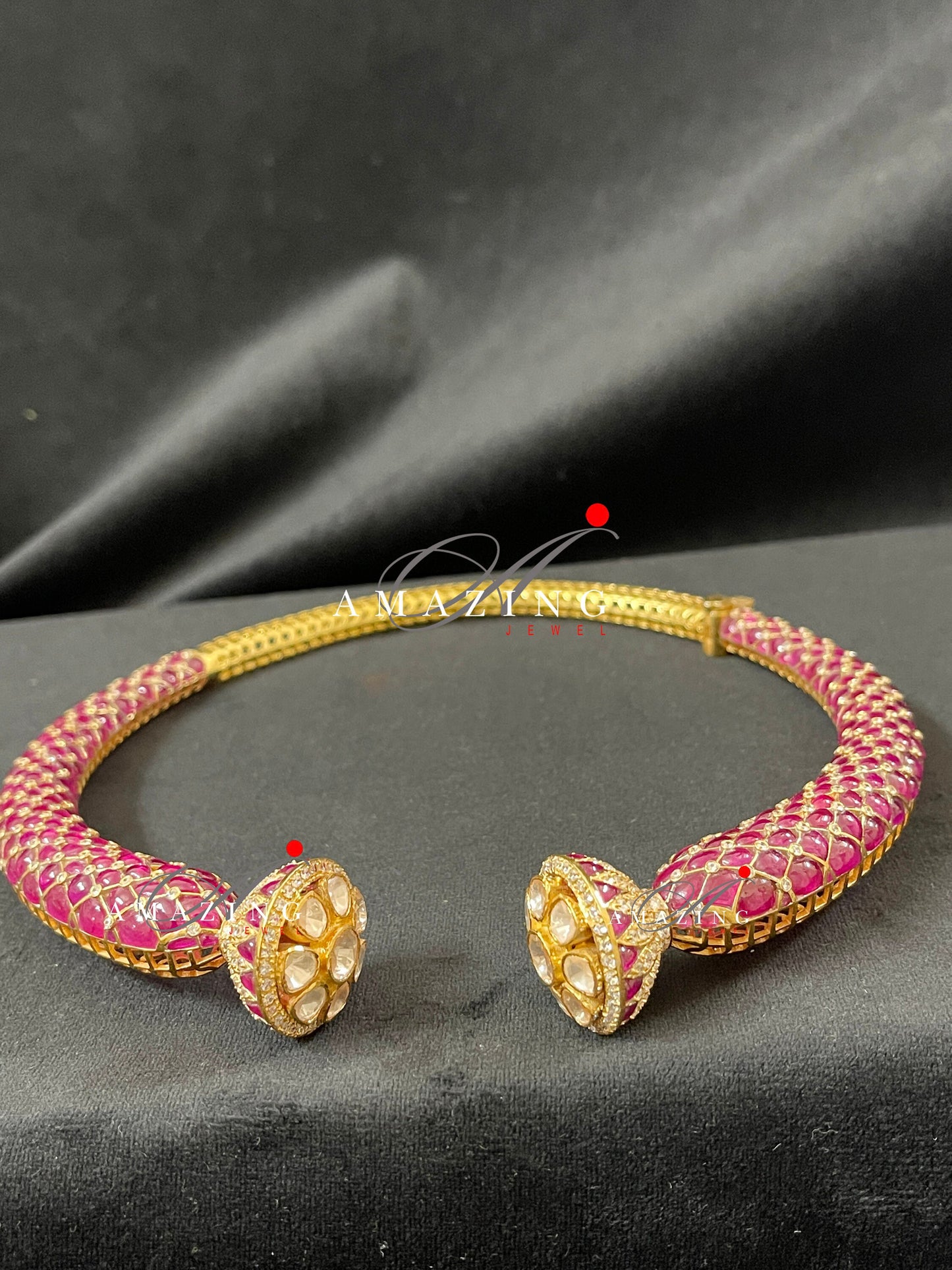 Silver Moissanite Polki Ruby Hasli set,Red Chip Stones Jewelery Indian Traditional Wedding Jewelery Set Bridal Necklace Hasli Necklace