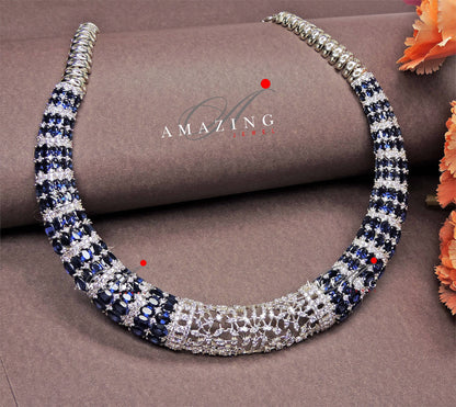 Silver Swarovski Red & Blue Sapphire Necklace Indian Wedding Jewelry Indian Traditional Jewelry Bridal Jewelry 925 Silver Necklace Set