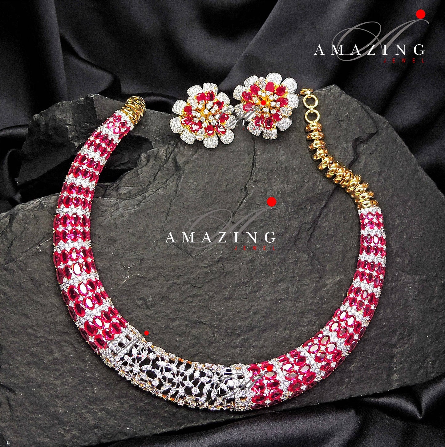 Silver Swarovski Red & Blue Sapphire Necklace Indian Wedding Jewelry Indian Traditional Jewelry Bridal Jewelry 925 Silver Necklace Set