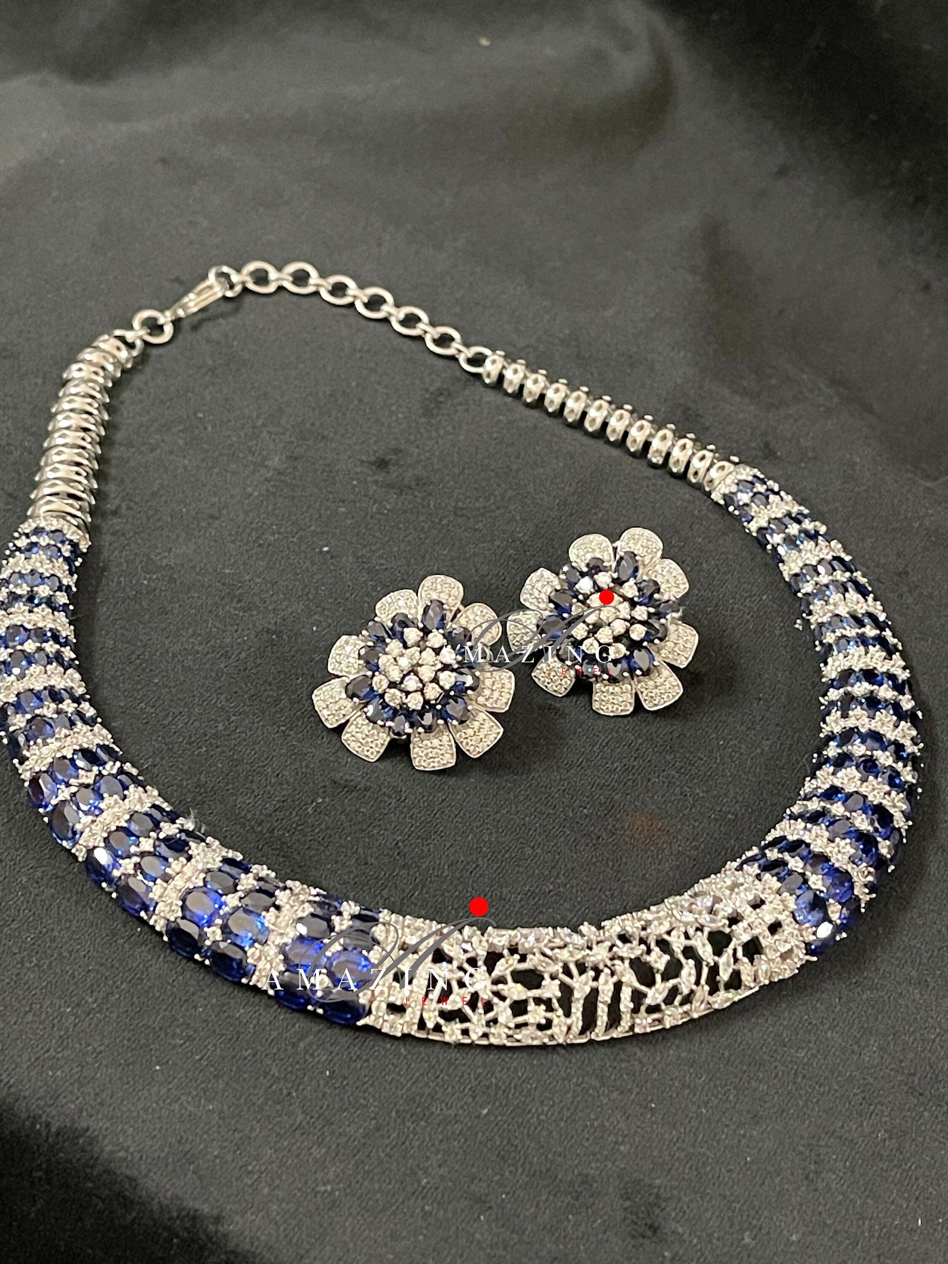 Silver Swarovski Red & Blue Sapphire Necklace Indian Wedding Jewelry Indian Traditional Jewelry Bridal Jewelry 925 Silver Necklace Set