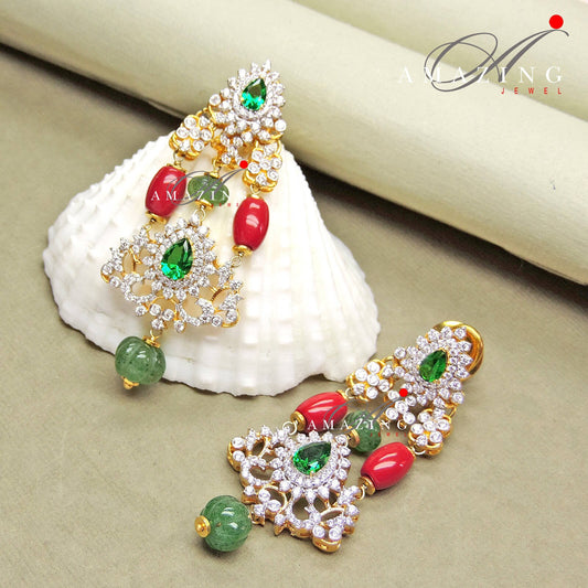 Silver Swarovski Hydro Emerald & Coral Stone Set Indian Wedding Jewelry Set Indian Traditional Jewelry 925 Sterling Silver Travel Jewelry