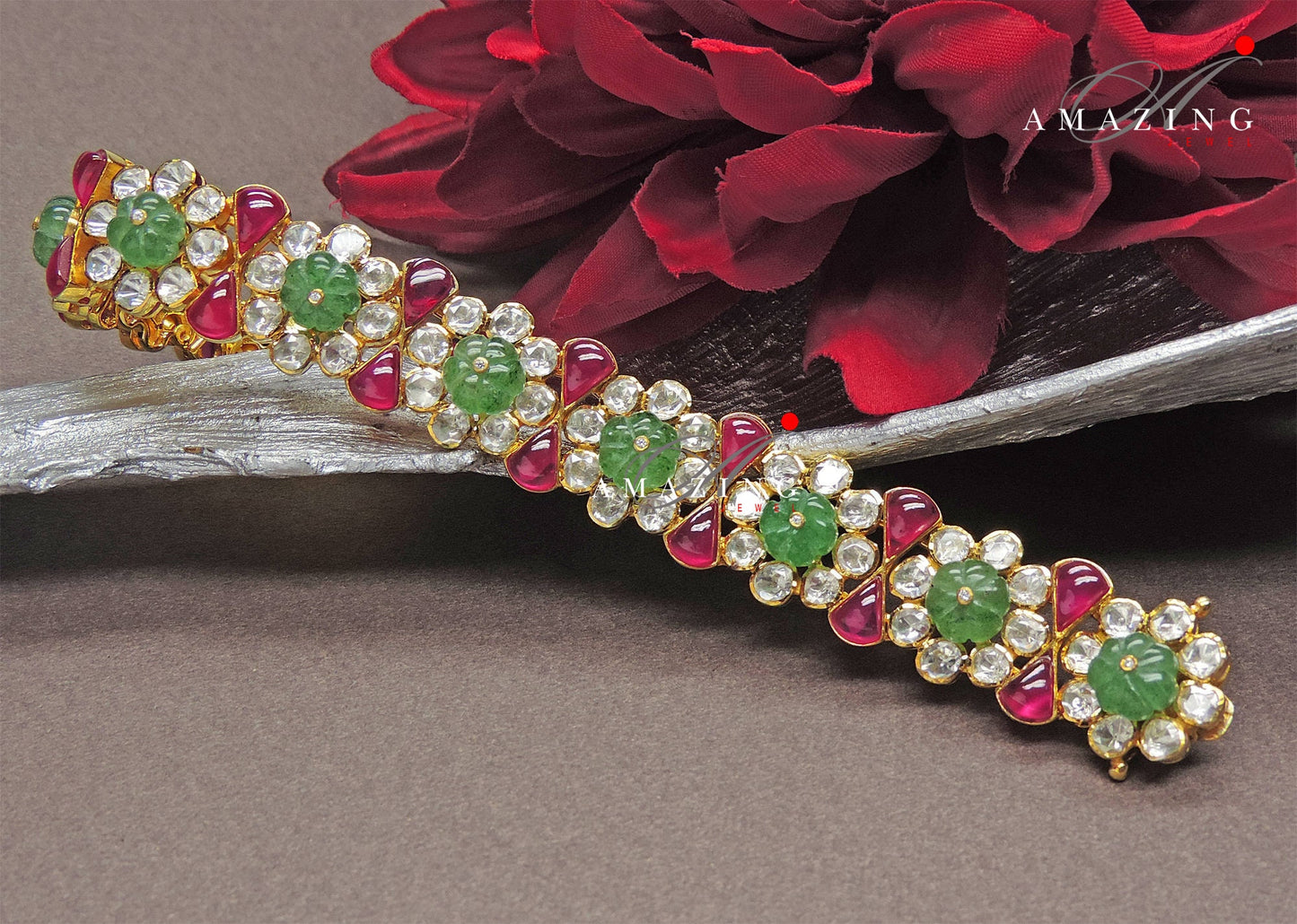 Silver Moissanite Polki Bracelet,Hydro Ruby & Emerald,Indian Traditional Bracelet ,Moissanite Polki Bracelet , Indian Wedding Jewelery