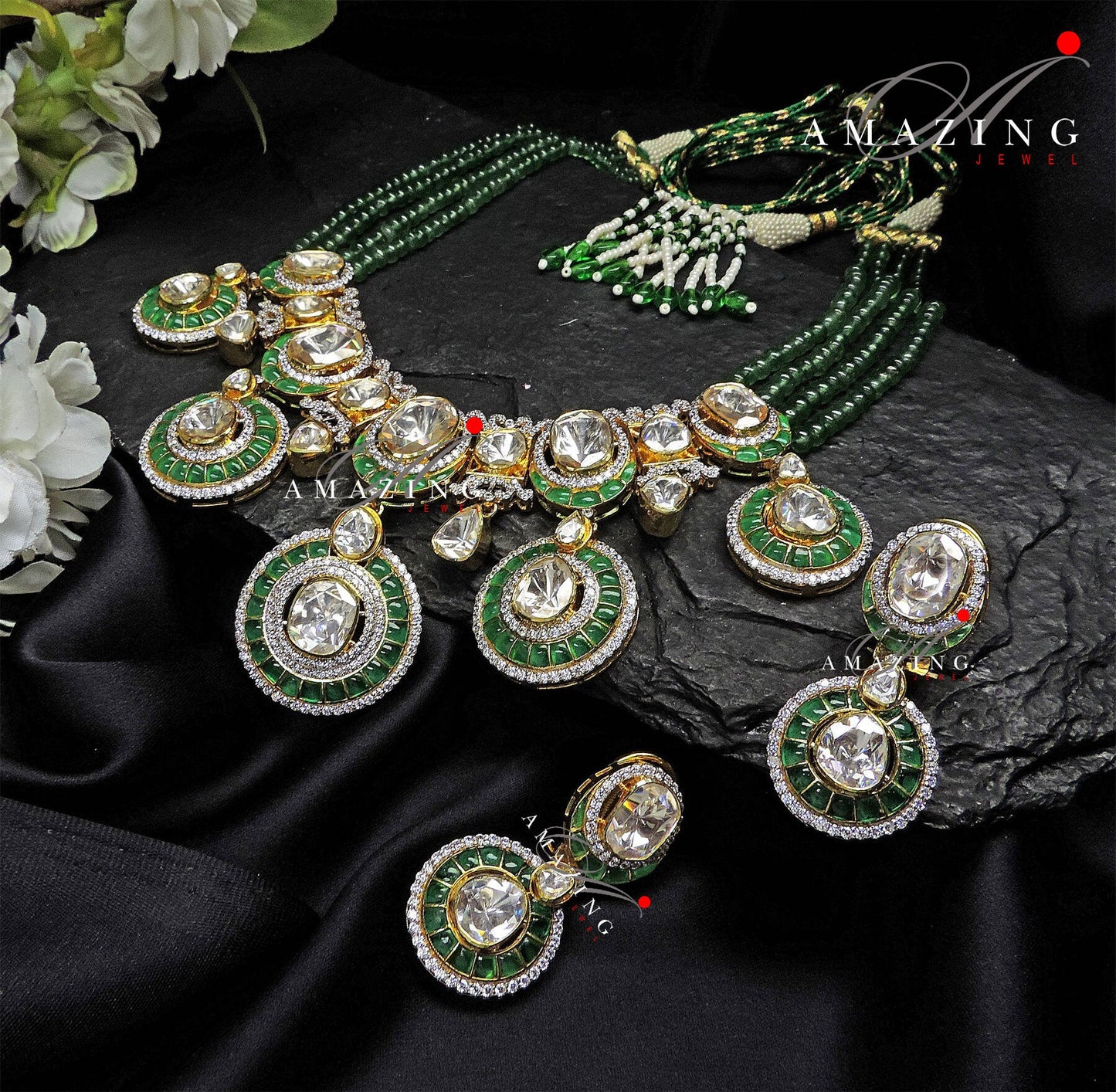 Silver Mossanite Polki Hydro Emerald Tumble & Chip Set,Indian Wedding Jewelry Set,Traditional Jewelry,Bridal Jewelry,Necklace set,Travel set