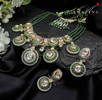 Silver Mossanite Polki Hydro Emerald Tumble & Chip Set,Indian Wedding Jewelry Set,Traditional Jewelry,Bridal Jewelry,Necklace set,Travel set