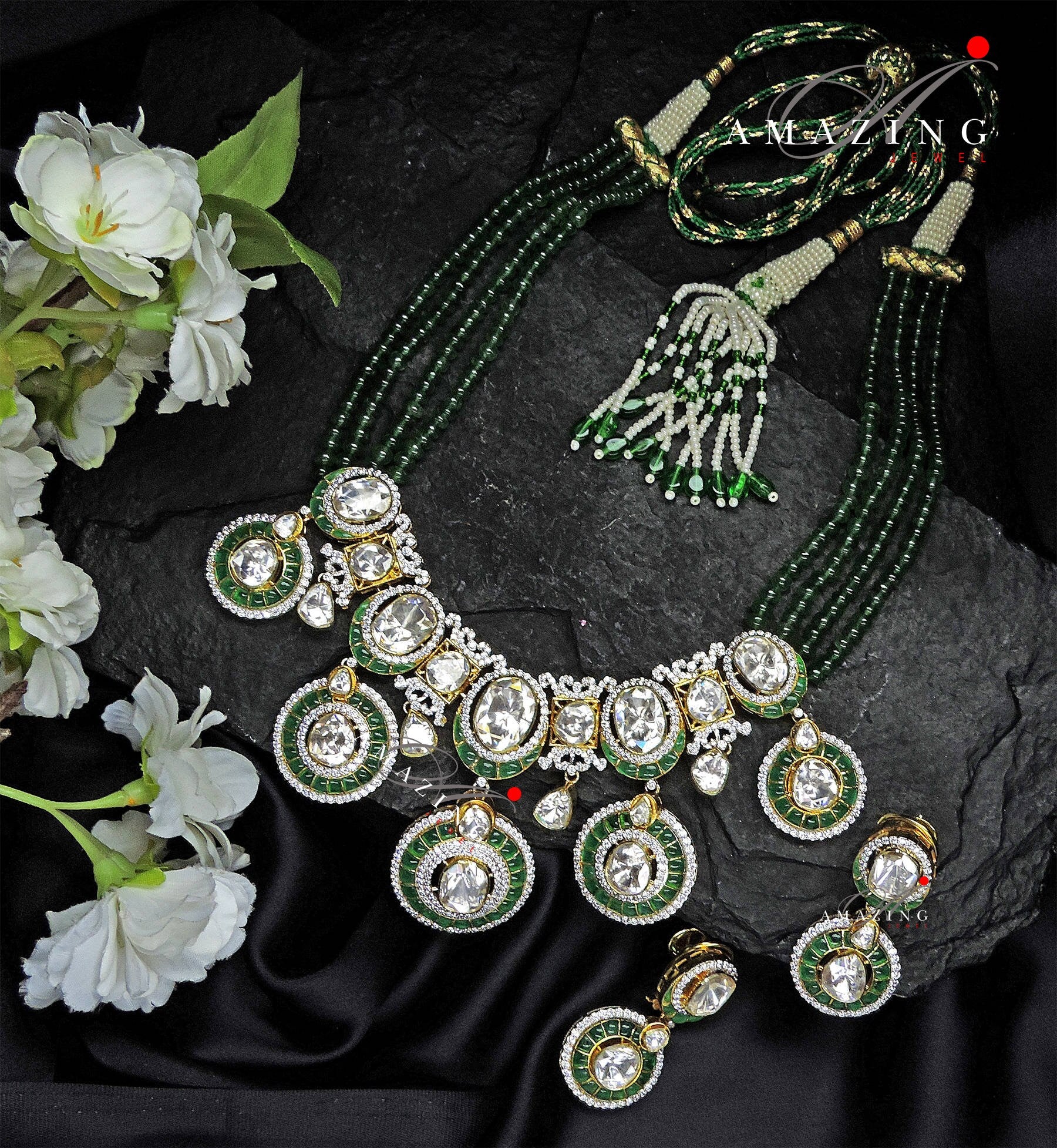 Silver Mossanite Polki Hydro Emerald Tumble & Chip Set,Indian Wedding Jewelry Set,Traditional Jewelry,Bridal Jewelry,Necklace set,Travel set