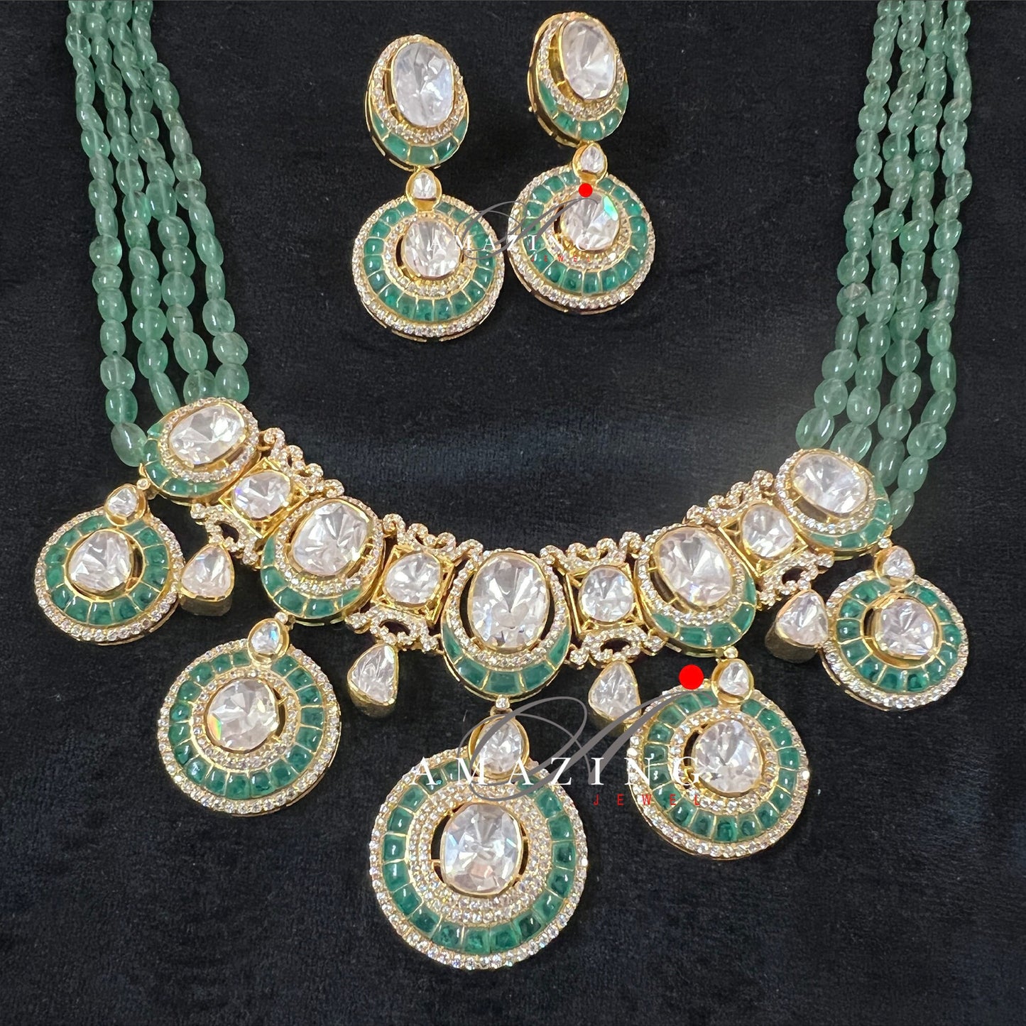 Silver Mossanite Polki Hydro Emerald Tumble & Chip Set,Indian Wedding Jewelry Set,Traditional Jewelry,Bridal Jewelry,Necklace set,Travel set