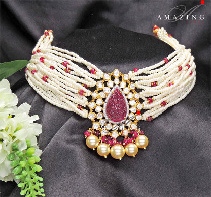 Silver Moissanite Polki Ruby Filled Choker Indian Traditional Wedding Jewelry Bridal Necklace Polki Choker Travel Jewelery Pearl Necklace