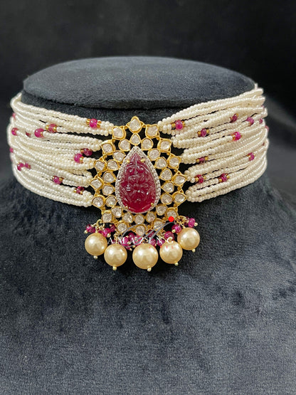 Silver Moissanite Polki Ruby Filled Choker Indian Traditional Wedding Jewelry Bridal Necklace Polki Choker Travel Jewelery Pearl Necklace