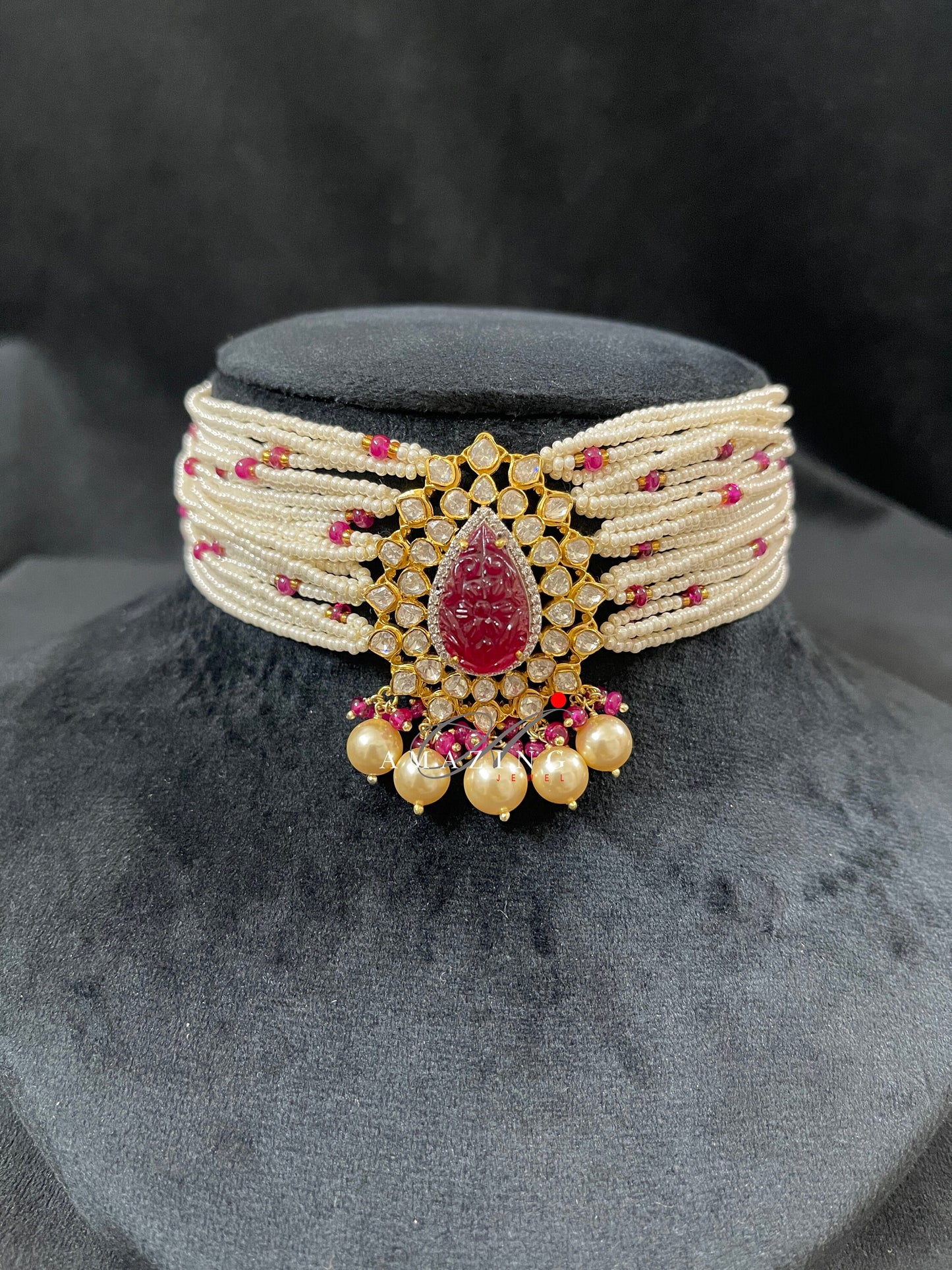 Silver Moissanite Polki Ruby Filled Choker Indian Traditional Wedding Jewelry Bridal Necklace Polki Choker Travel Jewelery Pearl Necklace